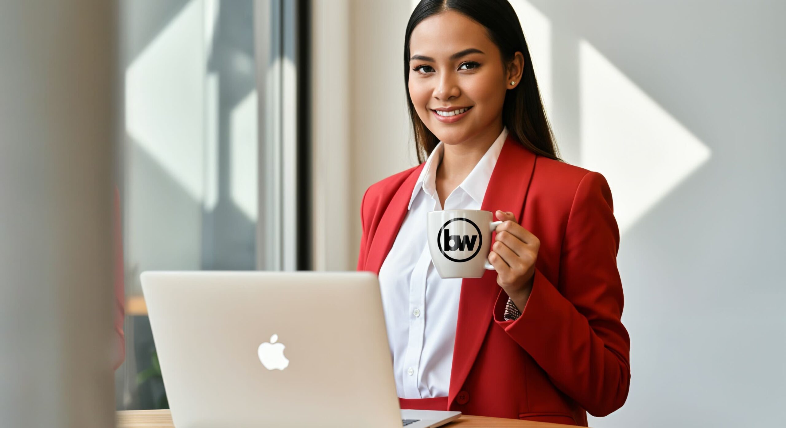 Smiling professional in a red blazer holding a branded mug beside an open laptop at a bright office window.