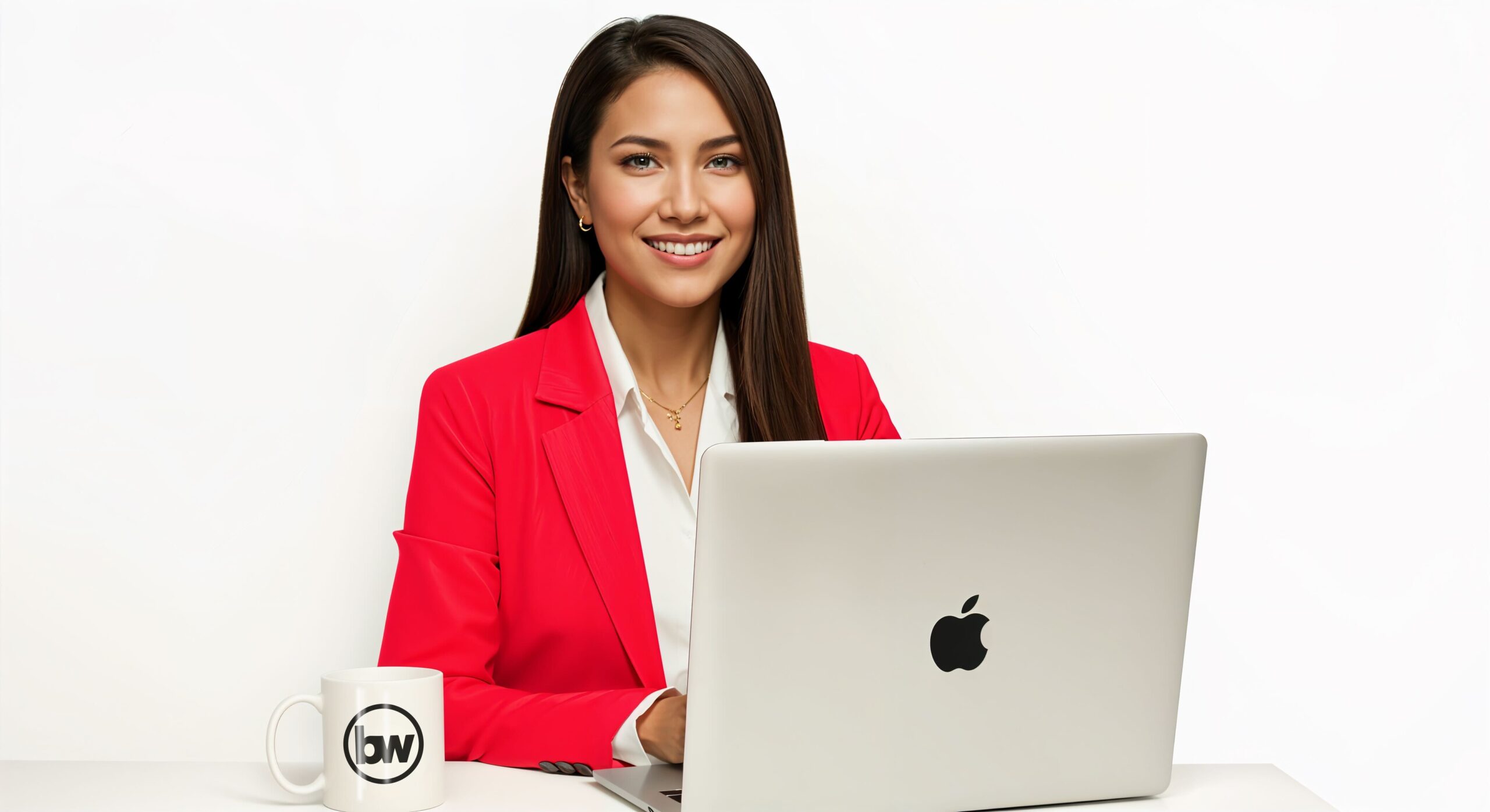 A woman wearing white shirt with red blazer in front of a laptop with Apple logo and next to the laptop is a mug with BruntWork logo.