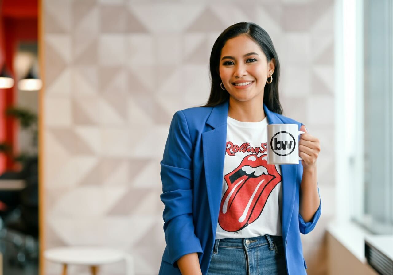 A woman in white shirt and blue blazer holding a mug with BruntWork logo on it.